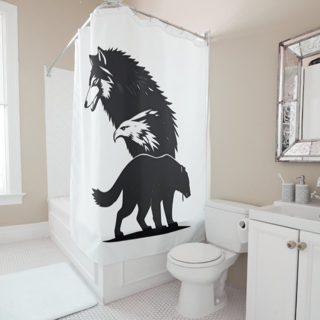 Wild Trio: Wolf, Eagle, and Bear Silhouette Shower Curtain (In Situ)