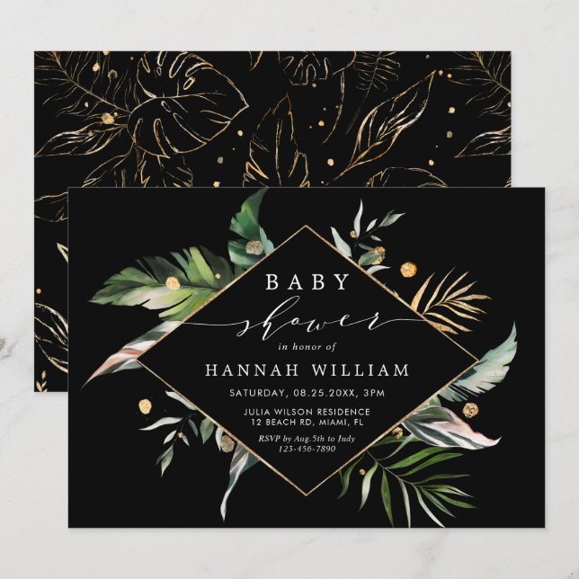 Wild Tropical Foliage Black Baby Shower Invitation (Front/Back)