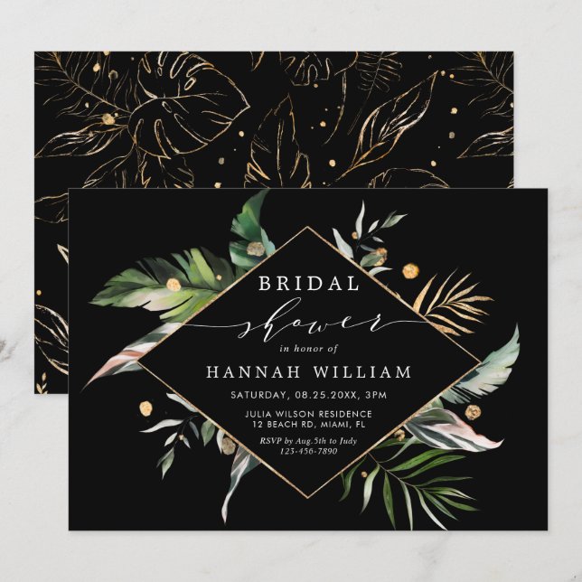 Wild Tropical Foliage Black Bridal Shower Invitation (Front/Back)