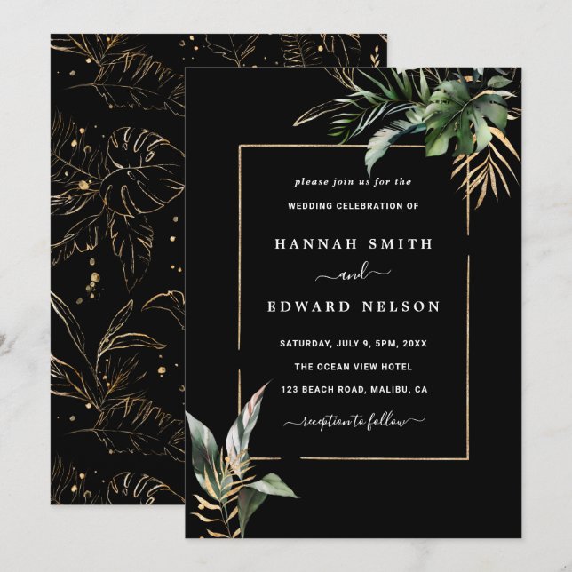 Wild Tropical Foliage Watercolor Wedding Black  Invitation (Front/Back)