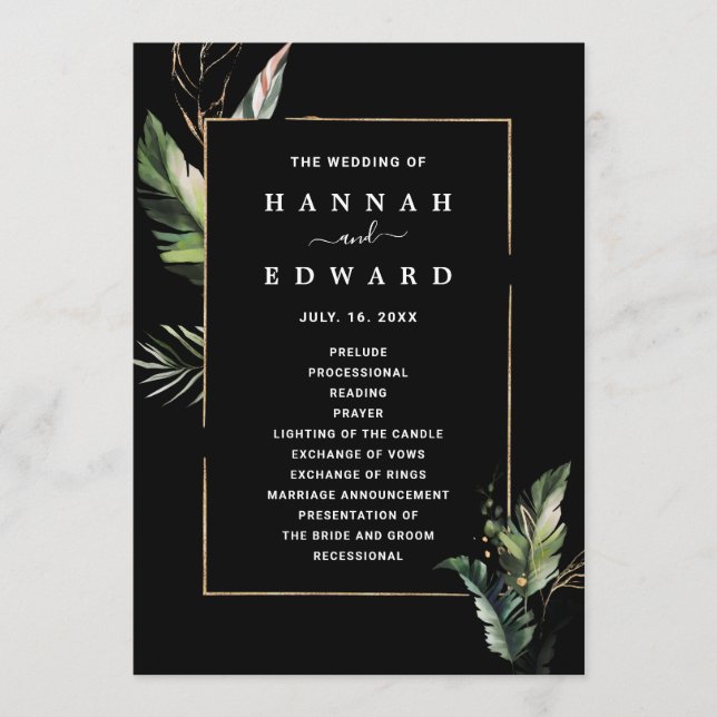 Wild Tropical Foliage Wedding Black Ceremony Programme (Front)