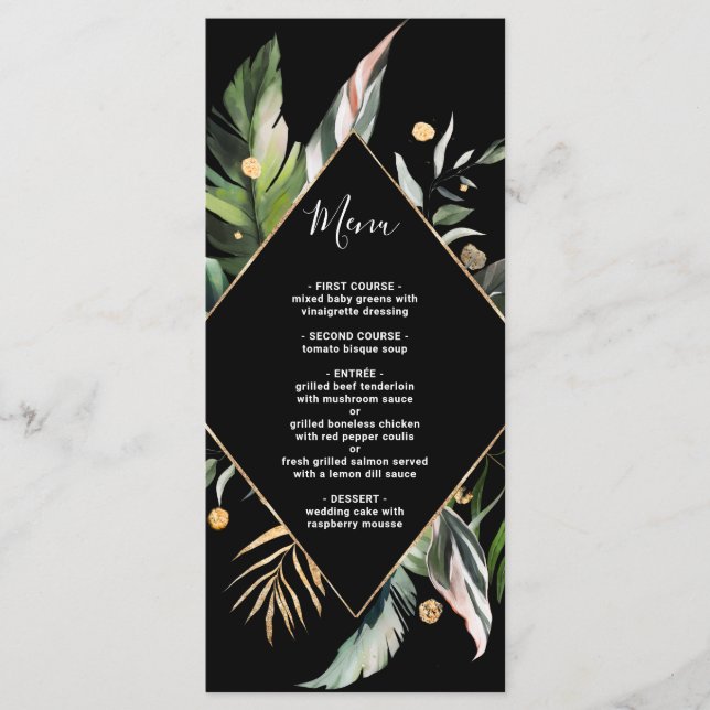 Wild Tropical Foliage Wedding Black Menu (Front)