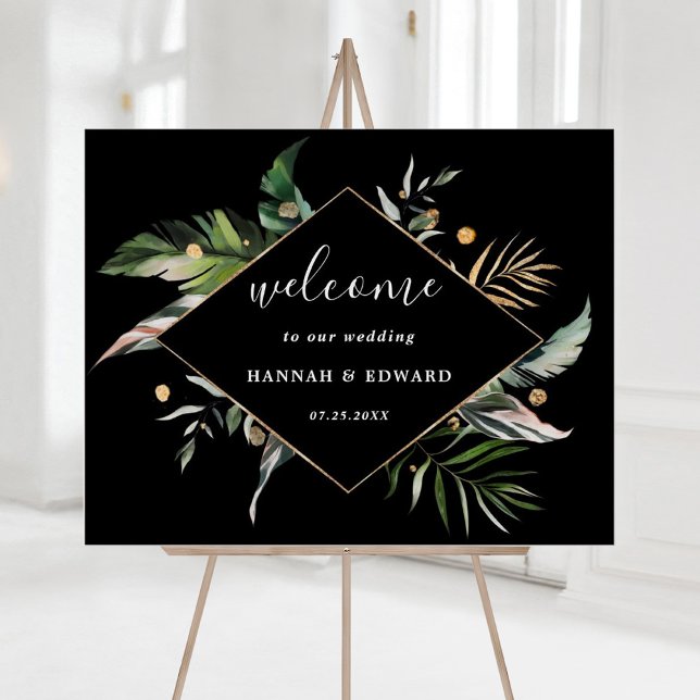 Wild Tropical Foliage Wedding Black Welcome Sign (Creator Uploaded)