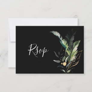 Wild Tropical Foliage Wedding RSVP Black Card