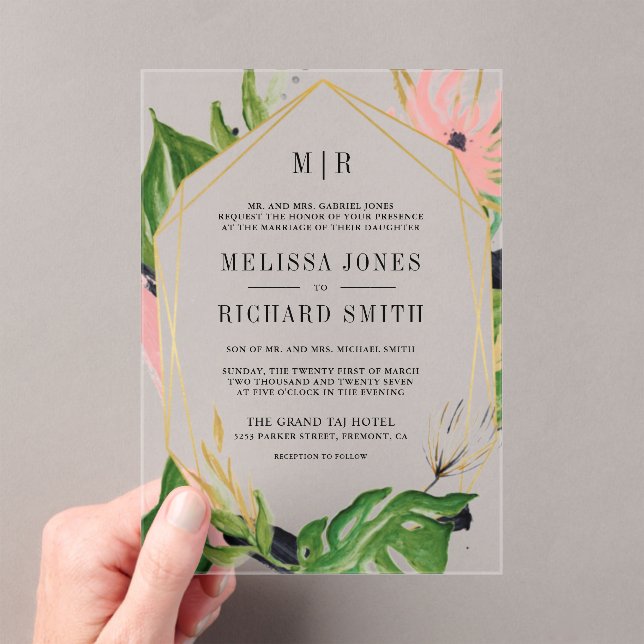 Wild Tropical Gold Pink Floral Wedding Acrylic Invitations (Insitu (Handheld))
