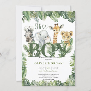Wild tropical greenery leaves cute safari animals  invitation