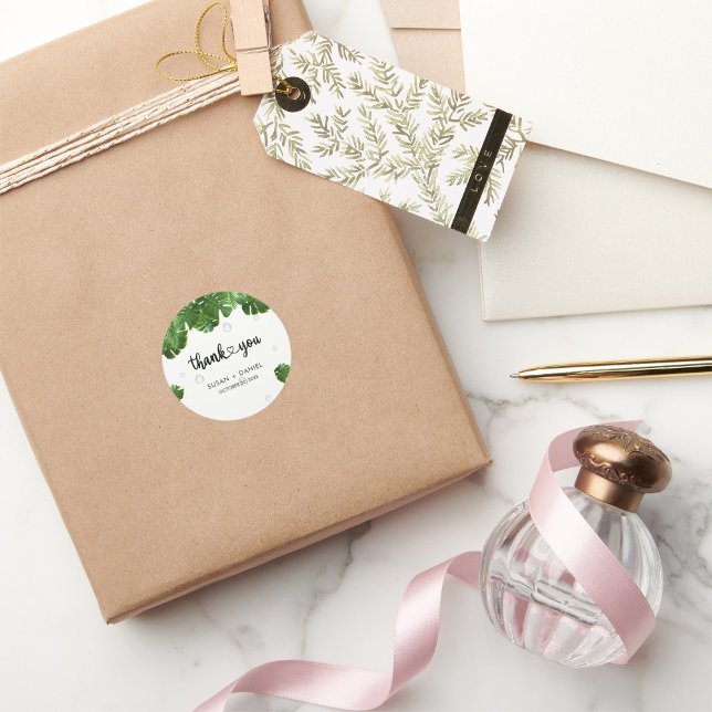 Wild Tropical Lush Palm Leaves Wedding Thank you Classic Round Sticker (Creator Uploaded)