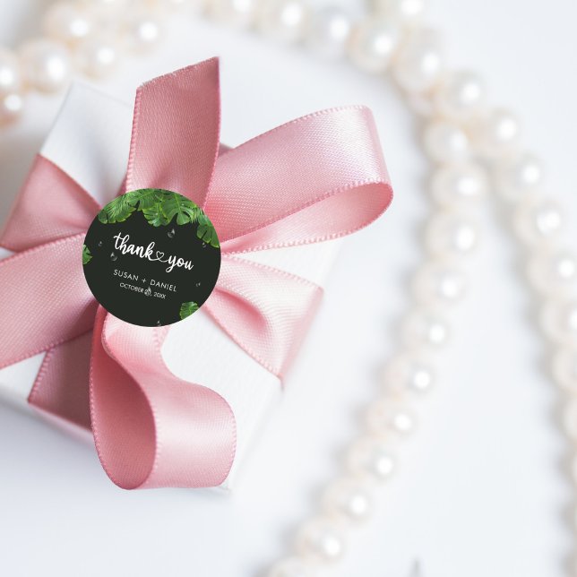 Wild Tropical Lush Palm Leaves Wedding Thank you Classic Round Sticker (Creator Uploaded)
