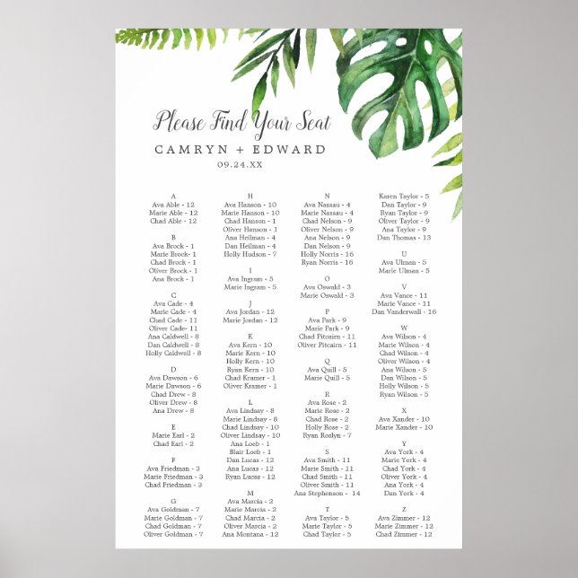 Wild Tropical Palm Alphabetical Seating Chart (Front)