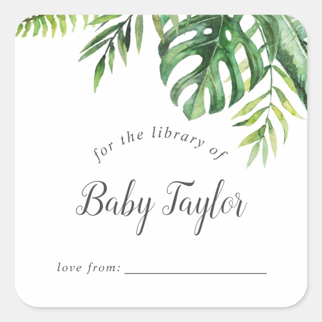 Wild Tropical Palm Baby Shower Bookplate Square Sticker (Front)