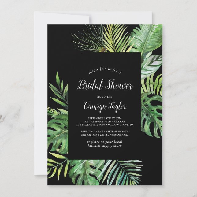 Wild Tropical Palm | Black Bridal Shower Invitation (Front)