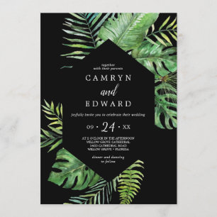 Wild Tropical Palm   Black Hexagon Casual Wedding Invitation