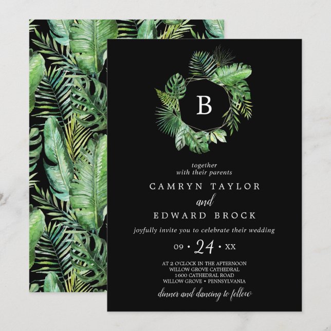 Wild Tropical Palm | Black Monogram Wedding Invitation (Front/Back)