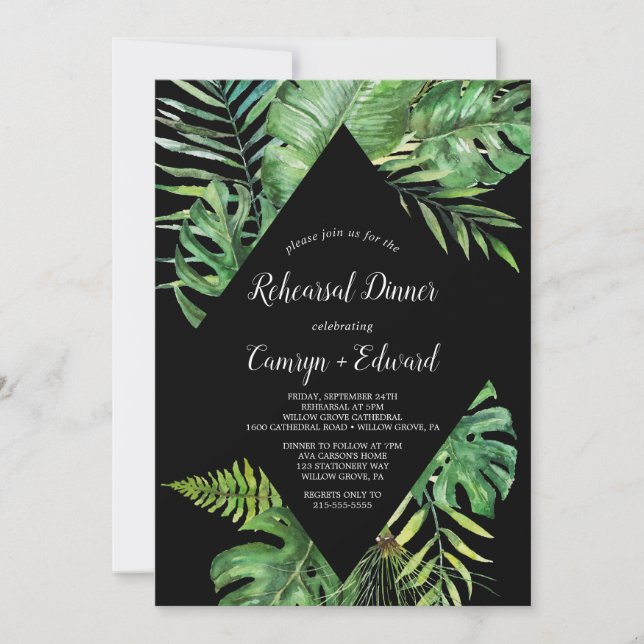 Wild Tropical Palm | Black Rehearsal Dinner Invitation (Front)