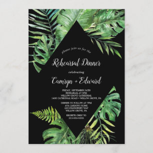 Wild Tropical Palm   Black Rehearsal Dinner Invitation