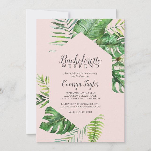 Wild Tropical Palm | Blush Bachelorette Weekend Invitation (Front)