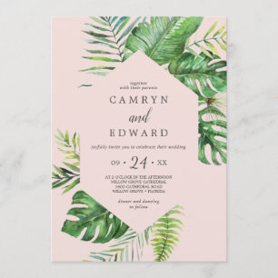 Wild Tropical Palm Blush Hexagon Casual Wedding Invitation