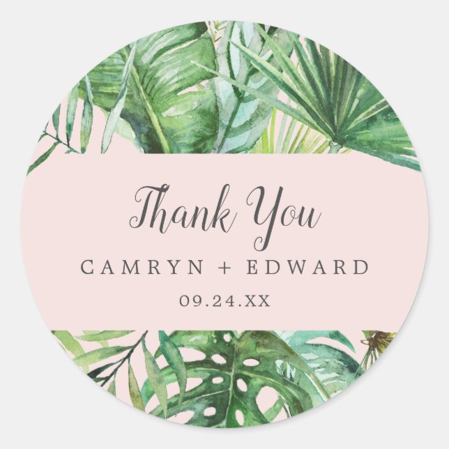 Wild Tropical Palm | Blush Thank You Favour Sticke Classic Round Sticker (Front)