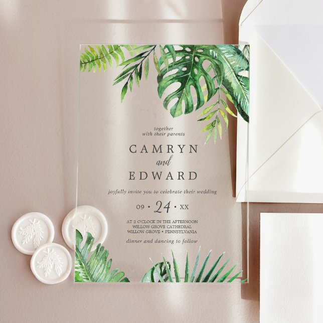 Wild Tropical Palm Boho Beach Destination Wedding Acrylic Invitations (Wild Tropical Palm Boho Beach Destination Wedding Acrylic Invitations)