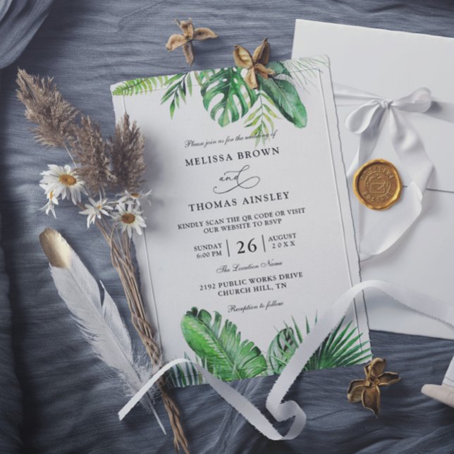 Wild Tropical Palm Elegant Budget QR Code Wedding Invitation (Creator Uploaded)