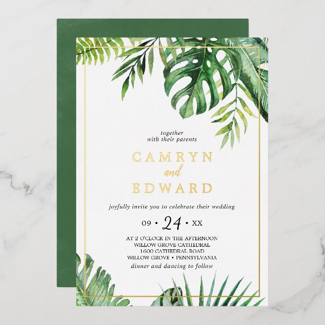 Wild Tropical Palm Gold Foil Frame Casual Wedding  (Front/Back)