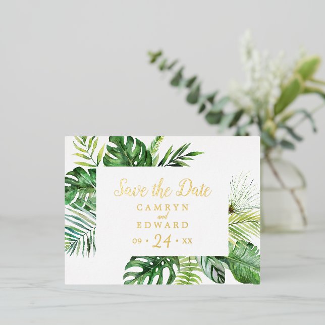 Wild Tropical Palm | Gold Foil Save the Date Invitation Postcard (Standing Front)