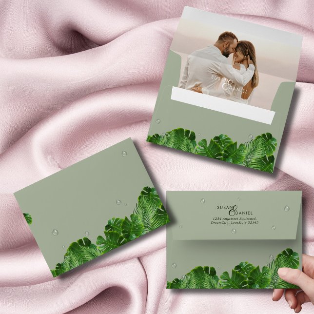 Wild Tropical Palm Leaves Modern Photo Wedding 5x7 Envelope (Creator Uploaded)