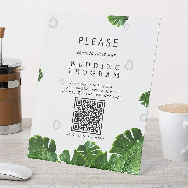 Wild Tropical Palm Leaves QR Code Wedding Program Pedestal Sign (Creator Uploaded)