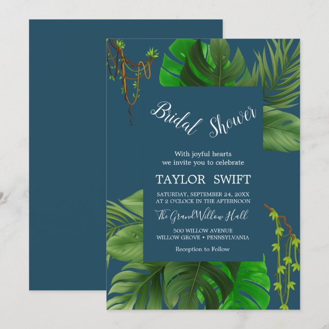 Wild Tropical Palm | Navy Blue Bridal Shower  Invitation (Front/Back)