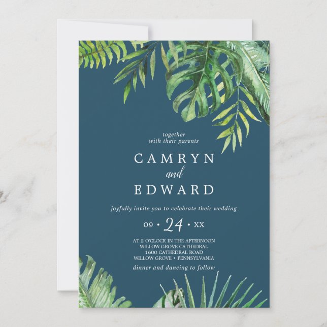 Wild Tropical Palm | Navy Blue Casual Wedding Invitation (Front)