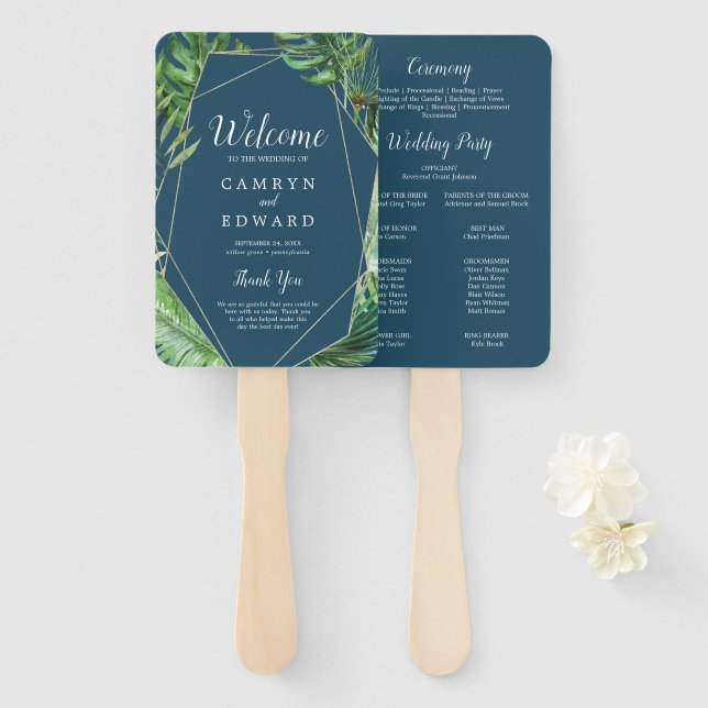 Wild Tropical Palm | Navy Blue Wedding Program Fan (Front and Back)