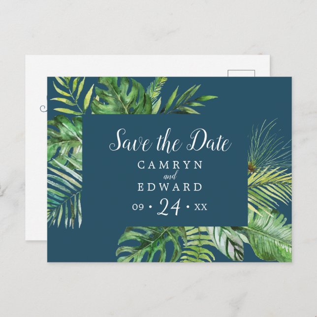 Wild Tropical Palm | Navy Save the Date Postcard (Front/Back)