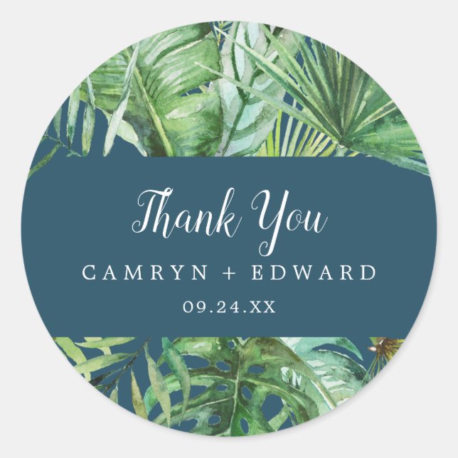 Wild Tropical Palm | Navy Thank You Favour Sticker (Front)