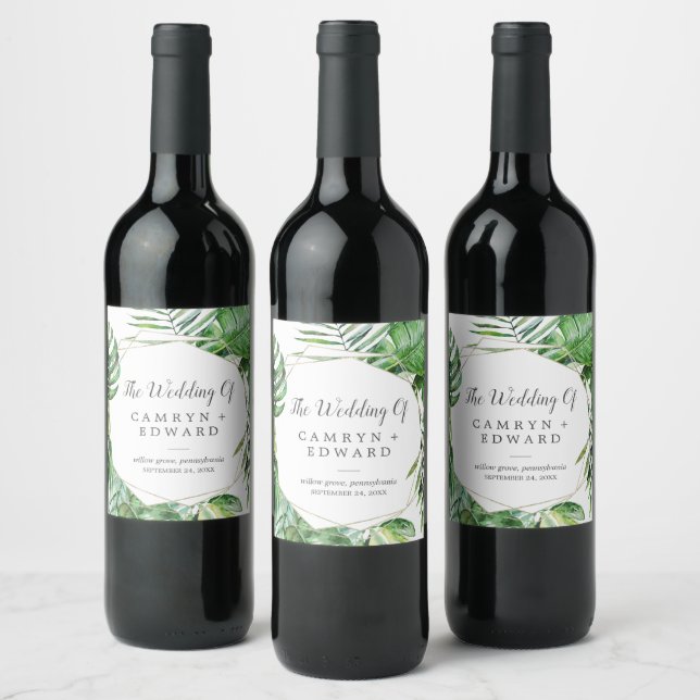 Wild Tropical Palm Wedding Wine Label (Bottles)