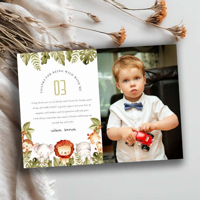 Wild Tropical Safari Animals Kids Photo Birthday Thank You Card (Creator Uploaded)
