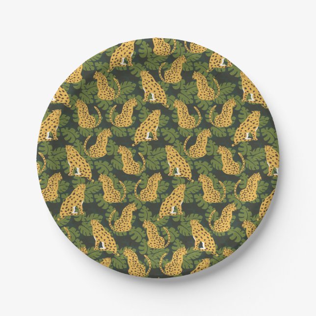 Wild Tropical Safari Leopard Jungle Palms Paper Plate (Front)
