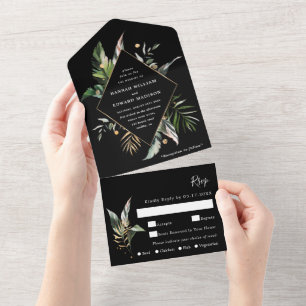 Wild Tropical Watercolor Foliage Black Wedding All In One Invitation
