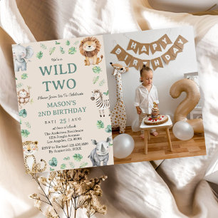 Wild Two Jungle Safari Animals Birthday Photo Invitation