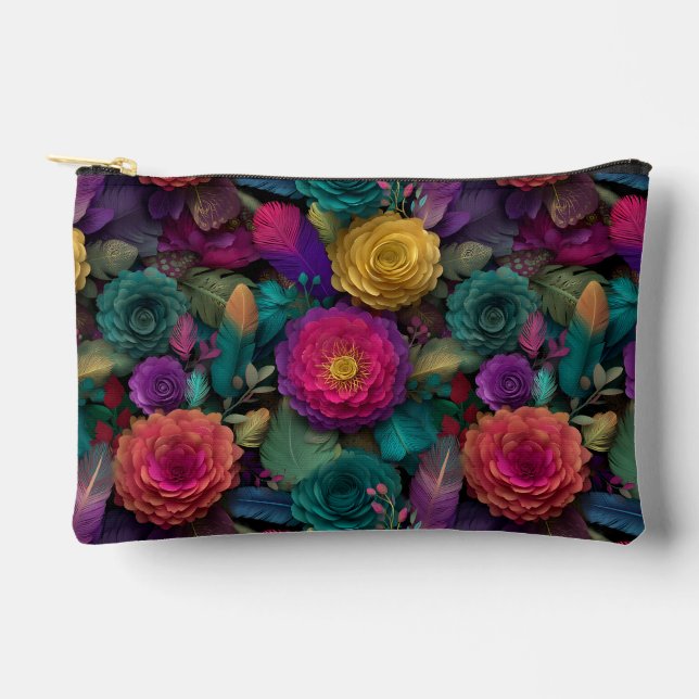 Wild Vibrant Floral Blooms and Feathers Tote Accessory Pouch (Front)