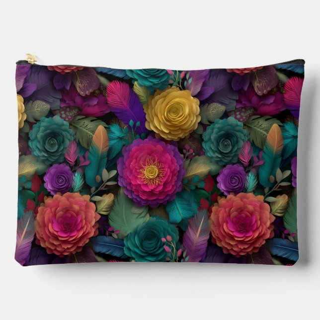 Wild Vibrant Floral Blooms and Feathers Tote Accessory Pouch (Front)