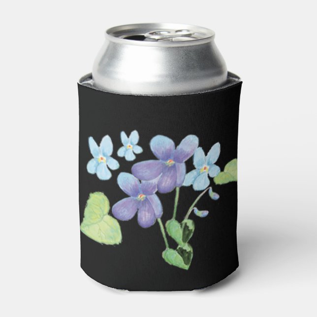 Wild Violet Flowers Illustration Black Can Cooler (Can Front)