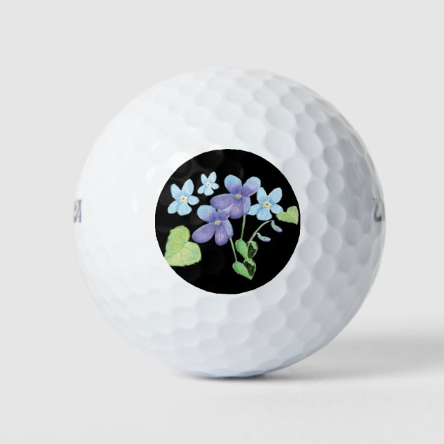 Wild Violet Flowers Illustration Black Golf Balls (Front)