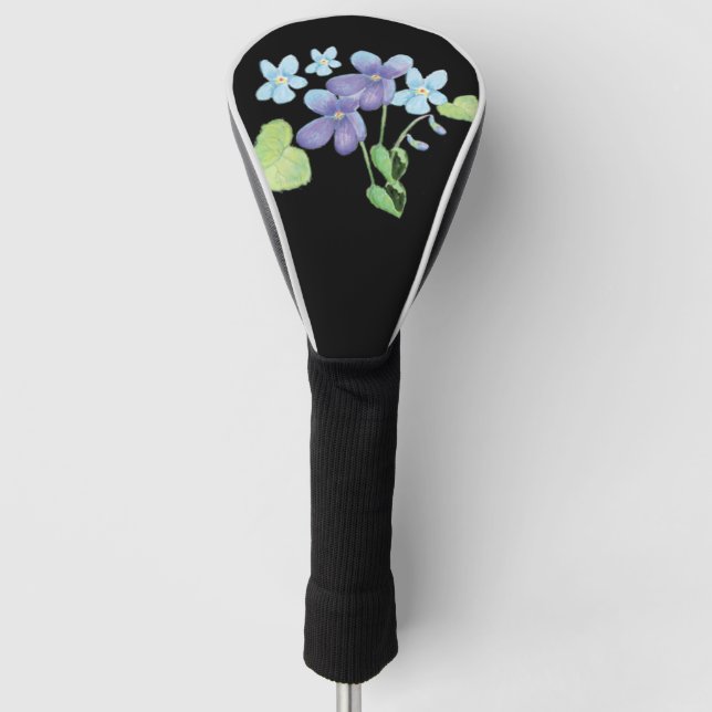 Wild Violet Flowers Illustration Black Golf Head Cover (Front)