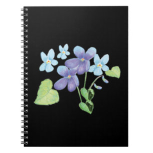 Wild Violet Flowers Illustration Black Notebook