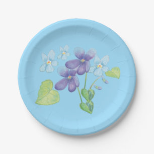 Wild Violet Flowers Illustration Light Blue Paper Plate