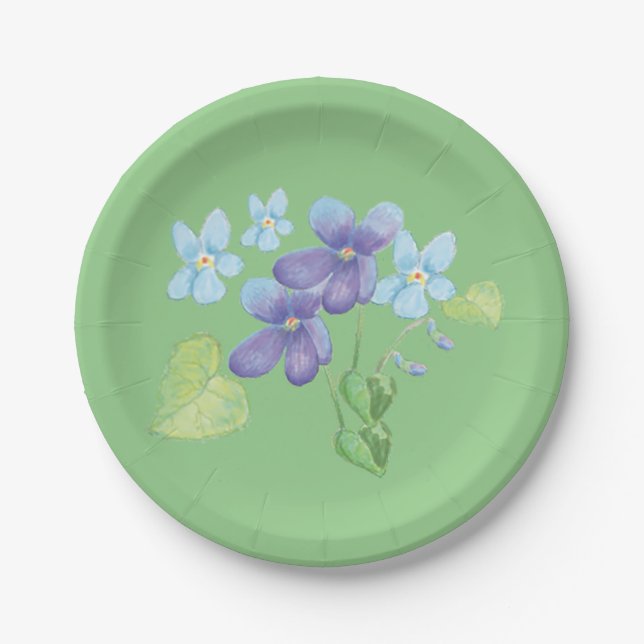 Wild Violet Flowers Illustration Light Green Paper Plate (Front)