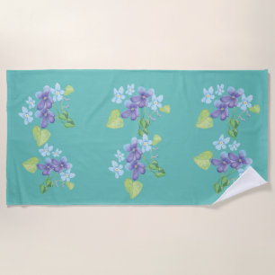 Wild Violet Flowers Illustration Mint Green Beach Towel
