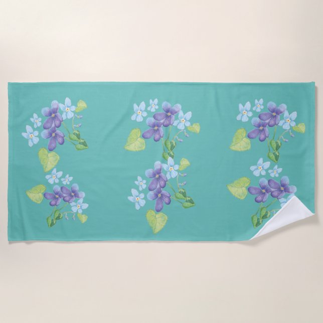 Wild Violet Flowers Illustration Mint Green Beach Towel (Front)