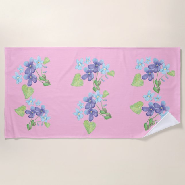 Wild Violet Flowers Illustration Pastel Pink Beach Towel (Front)