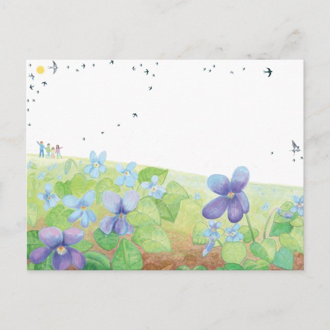 Wild Violet Spring Hill, Kids and Swallow Birds Postcard (Front)